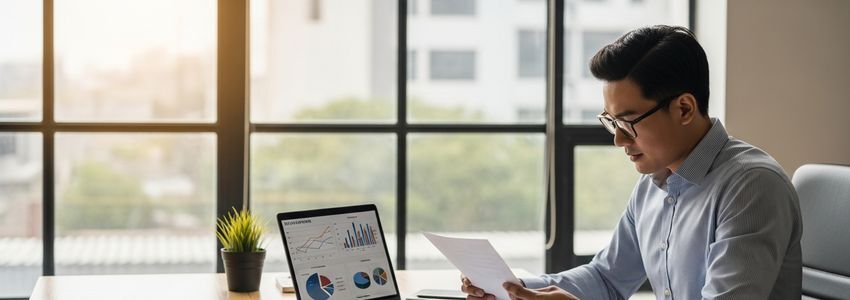 Business owner reviewing long-term business financing strategy on laptop in modern office