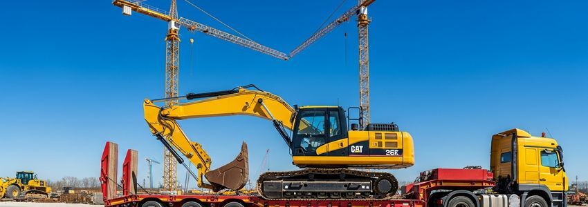 Lowboy trailer loaded with excavator at construction site