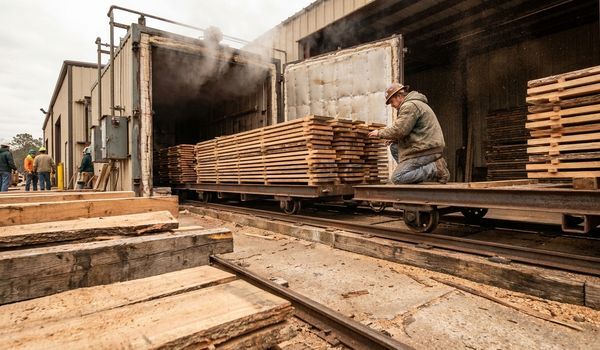 A sawmill worker in a hard hat inspecting stickered hardwood lumber stacked on kiln carts outside a commercial lumber drying kiln