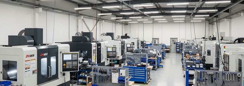 Modern CNC machine shop floor with precision machining equipment and organized workstations