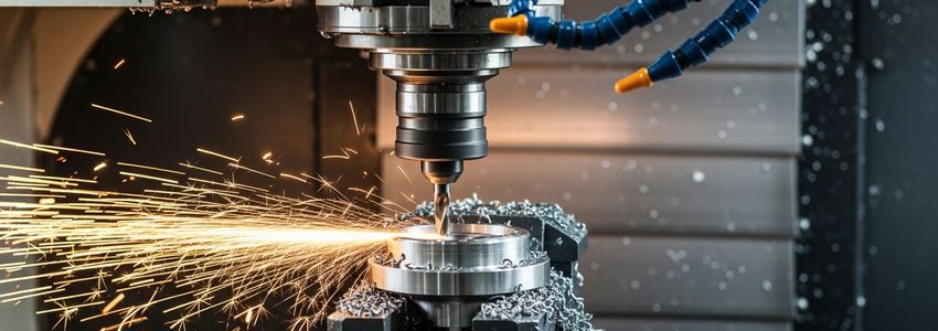 CNC machining center cutting precision metal parts in a machine shop