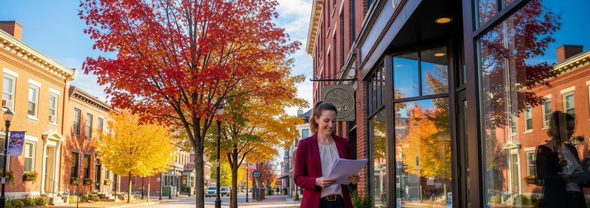 Manchester New Hampshire small business owner reviewing loan paperwork on historic downtown street with autumn foliage