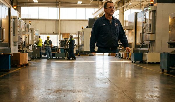 Manufacturing business owner in a navy work shirt and safety glasses walking past CNC machining centers on a factory floor