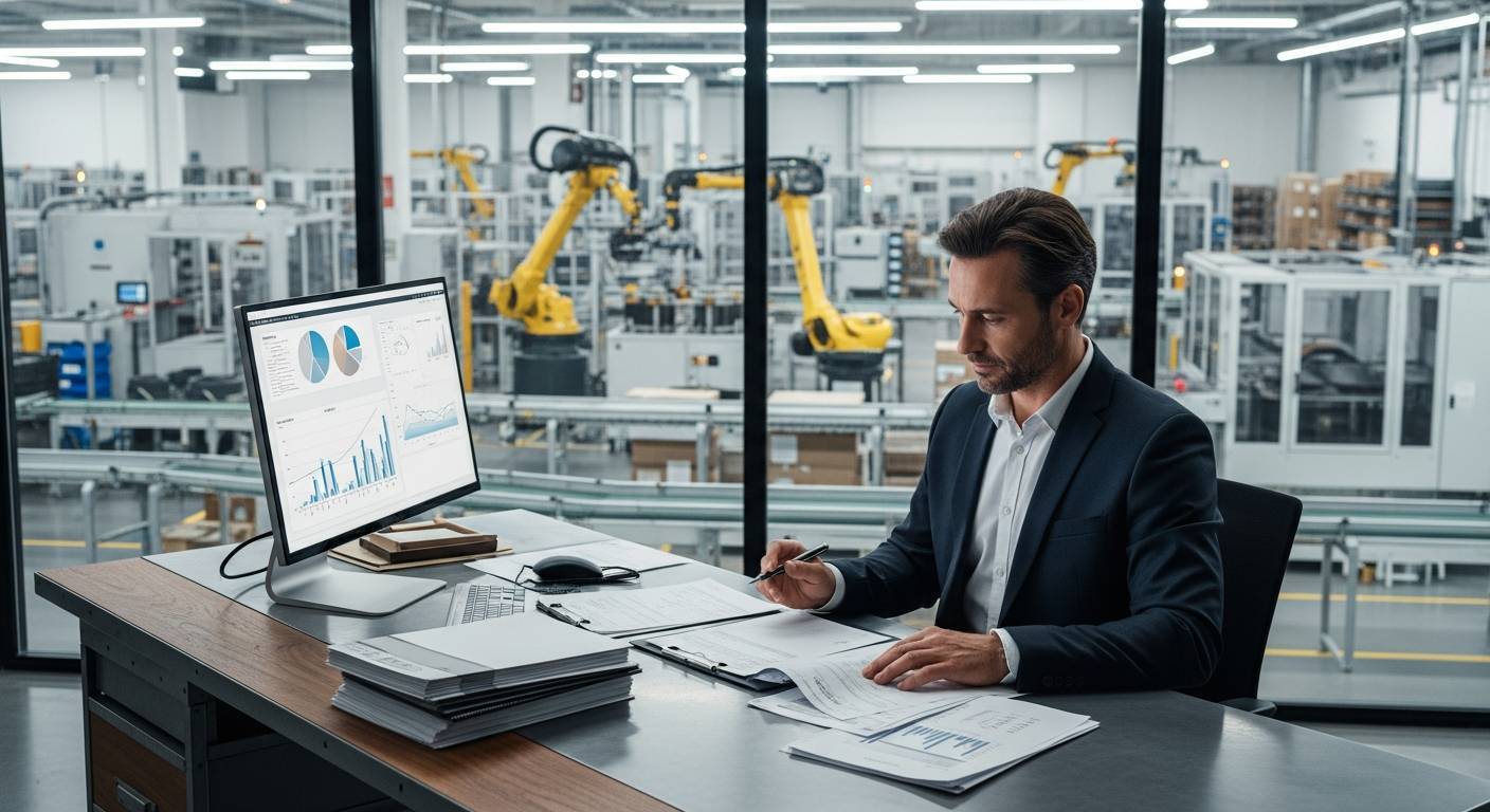 Manufacturing business owner reviewing invoices for factoring financing