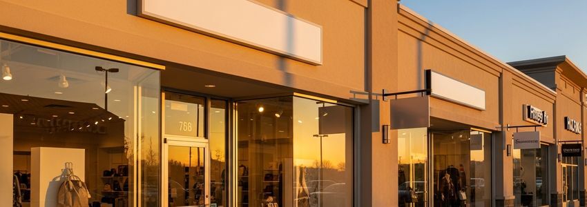 Modern mattress store retail showroom exterior at sunset
