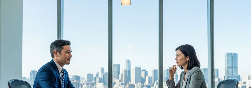 Business professionals discussing merchant cash advance options at a modern office