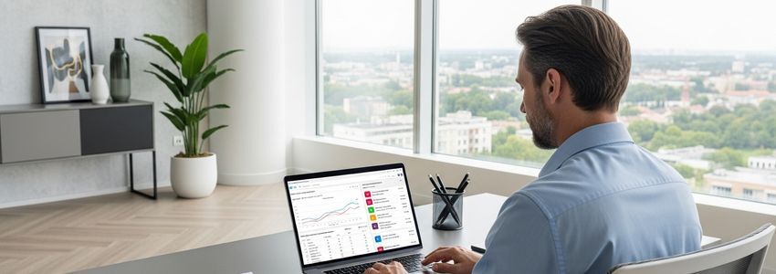 Business owner reviewing MCA repayment documents and financial reports on laptop in modern office