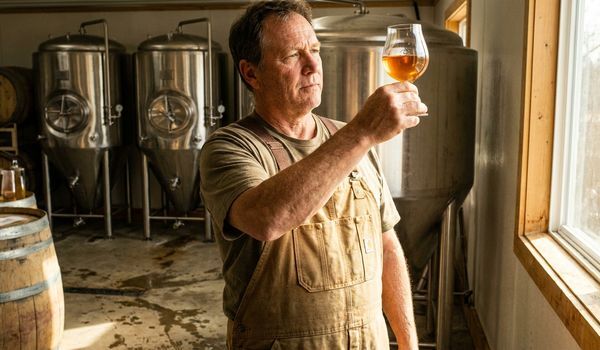 A meadery owner in a work apron inspecting a glass of golden mead beside stainless steel fermentation tanks in a craft production facility