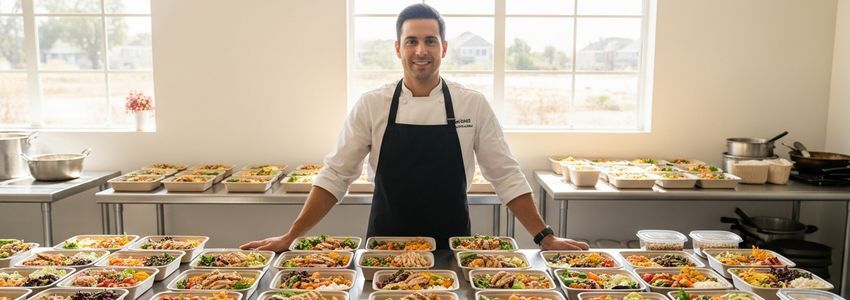 Meal prep business owner standing in commercial kitchen surrounded by portioned meal containers
