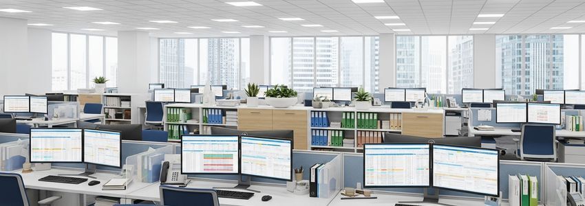 Modern medical billing office with workstations and billing software