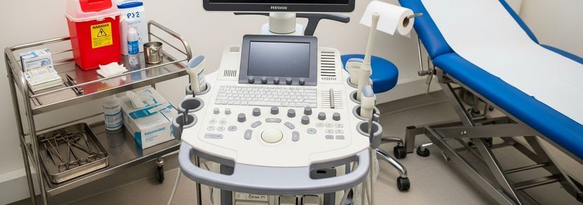 Modern medical clinic interior with colorful medical equipment including ultrasound machine, exam table, and diagnostic supplies