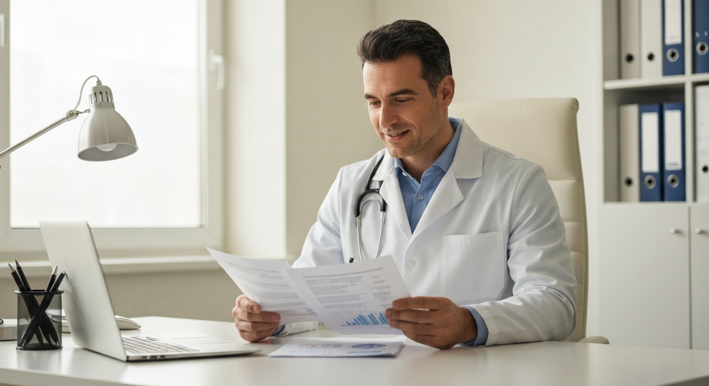 Professional physician reviewing medical practice loan documents at office desk