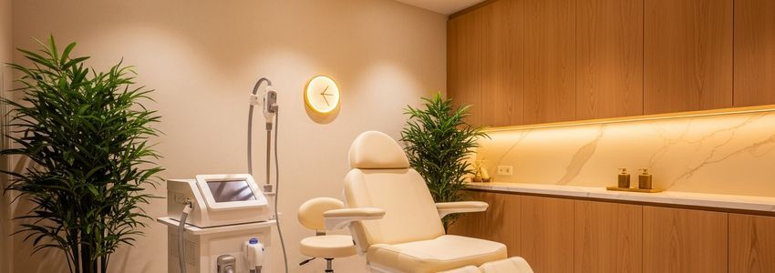Medical spa owner reviewing equipment financing options at a modern med spa facility