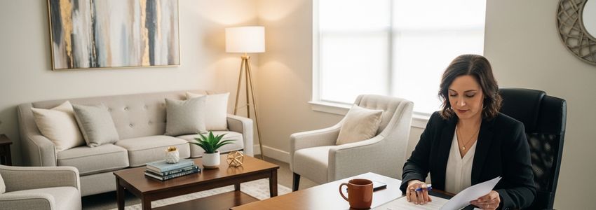 Mental health therapist reviewing business loan documents at therapy office desk