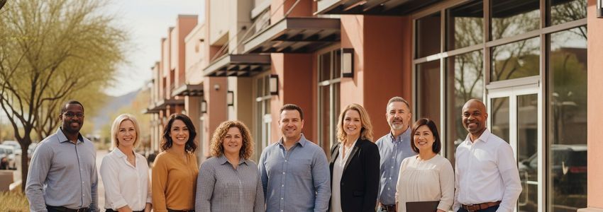 Small business owners outside a commercial building in Mesa, Arizona