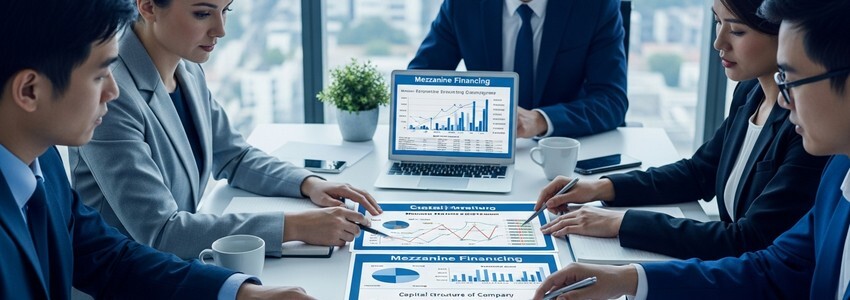 Business professionals reviewing mezzanine financing documents and capital stack structure at a conference table