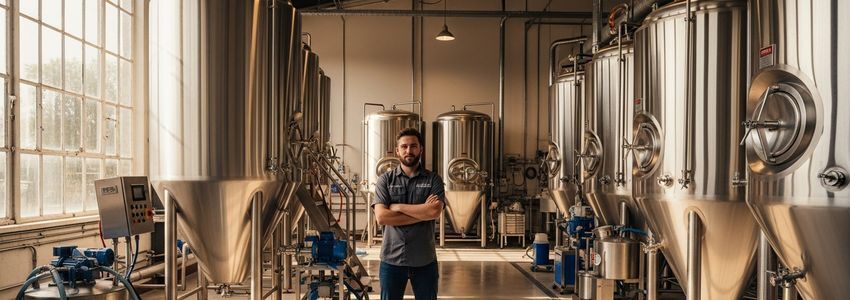 Craft brewery owner standing in front of stainless steel fermentation tanks in a professional microbrewery facility