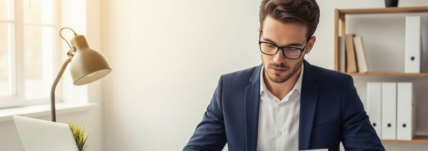 Small business owner reviewing microloan application on a laptop in a startup workspace