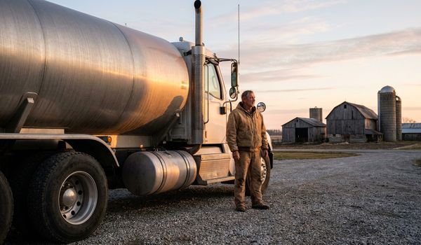 A stainless steel milk tanker truck parked at a dairy farm at dawn with the driver standing beside the cab