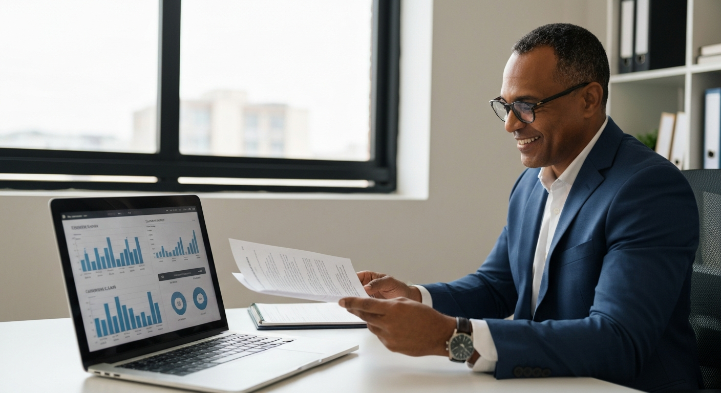 Diverse minority small business owner reviewing loan options at a modern office desk