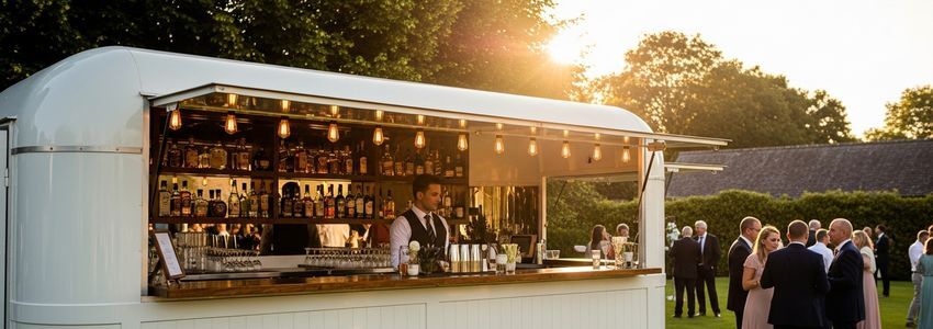 A luxury mobile bar trailer setup at an outdoor wedding reception with a bartender serving guests