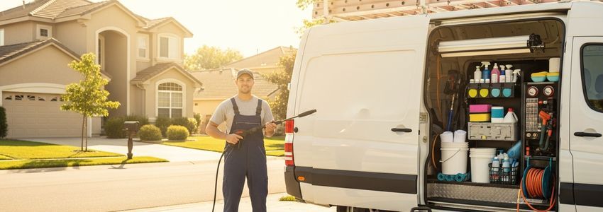 Professional mobile car wash business owner with work van and pressure washing equipment in a residential neighborhood