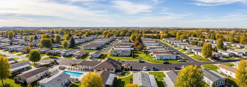 Mobile home park community with rows of manufactured homes and green landscaping