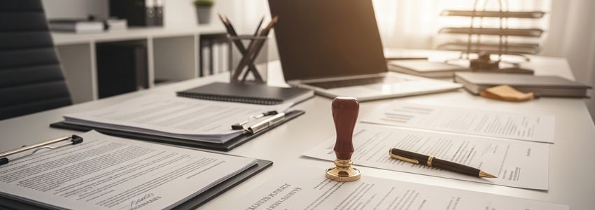 Mobile notary professional reviewing documents and notary stamp on office desk