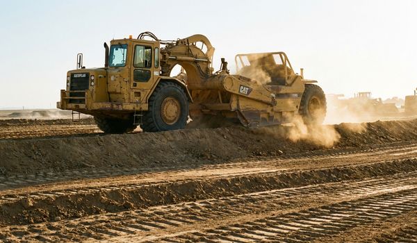 A yellow motor scraper earthmoving machine working at a large construction site under warm natural light