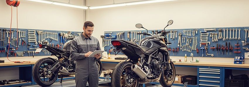 Motorcycle repair shop owner reviewing business loan documents