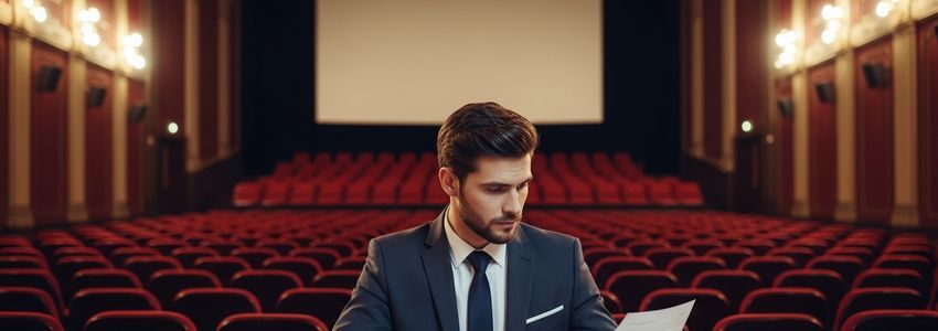 Movie theater owner reviewing business financing documents in cinema lobby