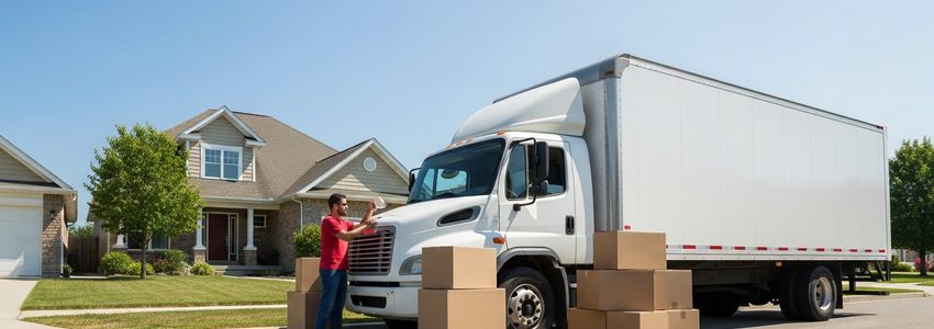 Moving company business loans - truck parked at residential home with boxes