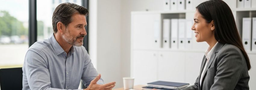 Business owner meeting with a traditional loan officer to transition away from merchant cash advances