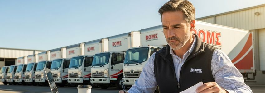 Moving company owner reviewing business loan documents in front of branded moving truck fleet