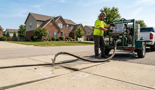 Concrete leveling contractor in a high-visibility vest operating a trailer-mounted mudjacking pump rig to lift a sunken residential sidewalk slab