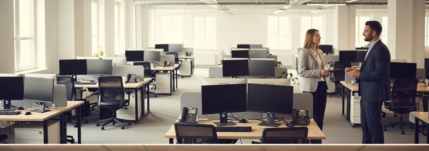 Modern multi-use workspace with professionals reviewing equipment financing options