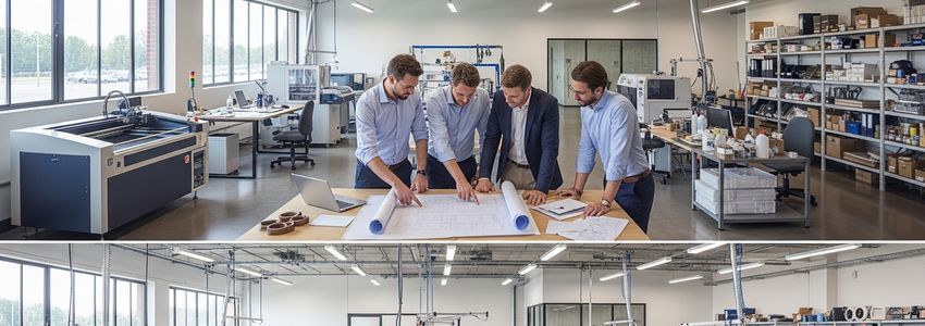 Business owner reviewing production room layout and multi-purpose production financing options