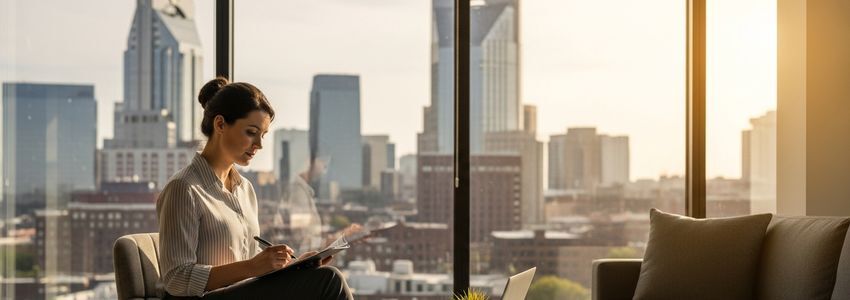 Small business owner reviewing financing options in a Nashville office