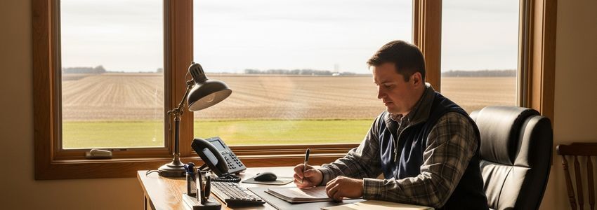 Small business owner reviewing loan documents at a desk in a North Dakota farm office with agricultural fields visible