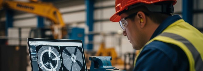 NDT inspector reviewing digital radiographic imaging results on laptop in industrial setting