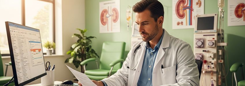 Nephrologist reviewing financing options for kidney care practice