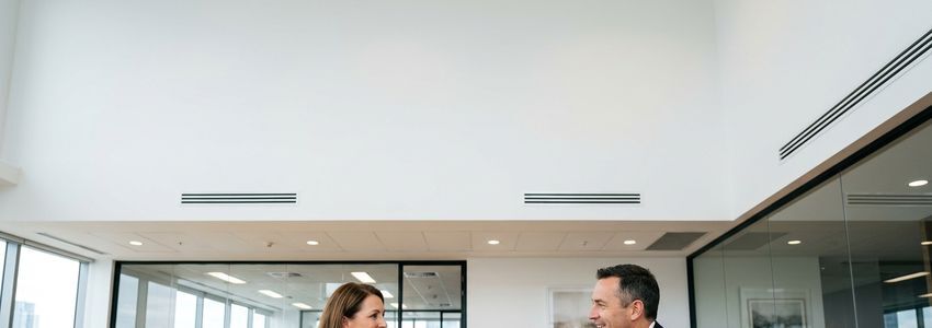 Business owner and financial advisor reviewing new business loan documents in a professional office setting