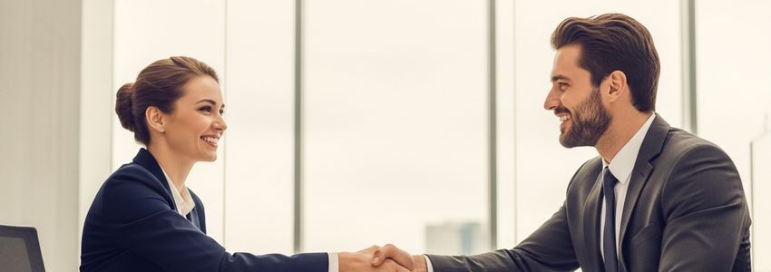 Business professional shaking hands in a modern office, representing no credit check business loan approval