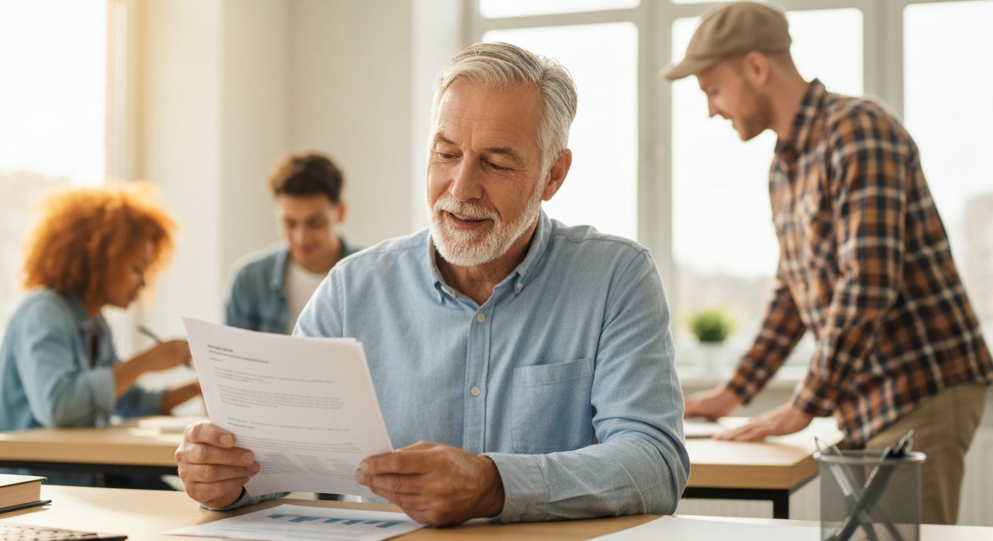 Nonprofit organization leader reviewing financing options at a community center office desk
