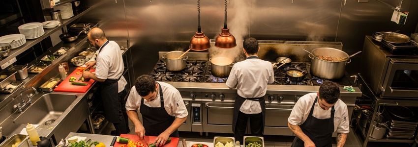 Professional commercial kitchen in a New York City restaurant showing chefs preparing food and modern equipment