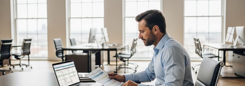 Business owner at a desk comparing loan documents on a laptop in a modern office