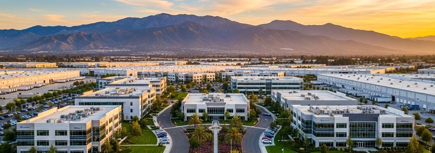 Aerial view of Ontario California business district at golden hour