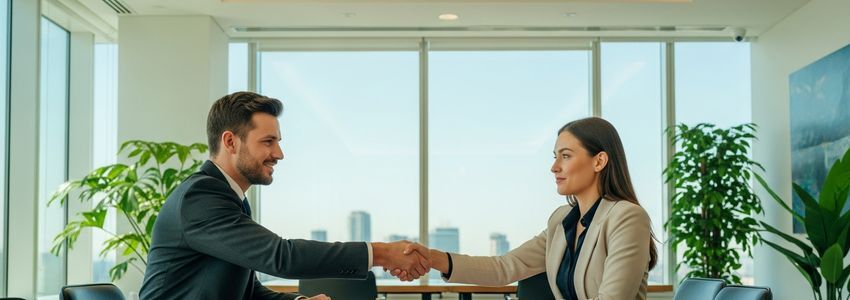 Business professionals reviewing peer-to-peer loan documents in a modern office setting