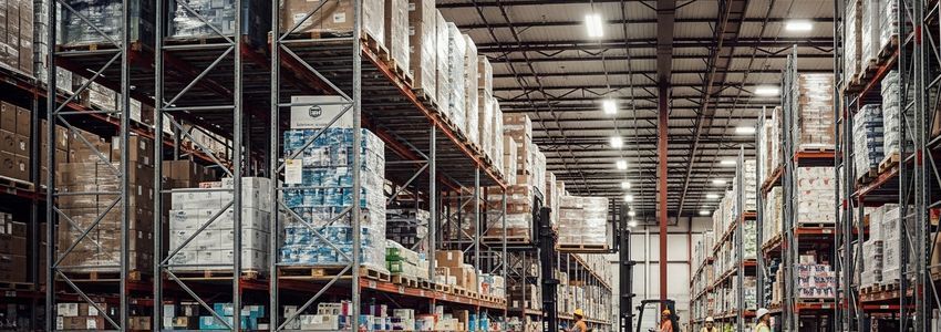 Industrial pallet racking systems in a large modern warehouse facility