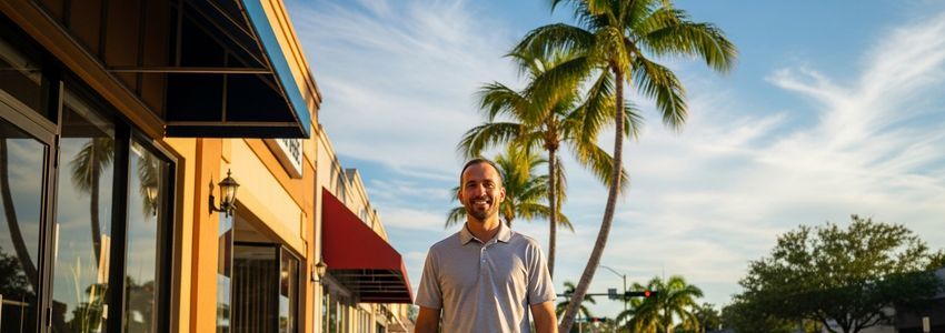 Small business owner standing outside a Florida storefront in Palm Bay